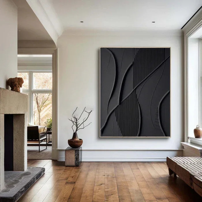 Black 3D Texture Painting-Vertical Geometric Flow Abstract Wall Art