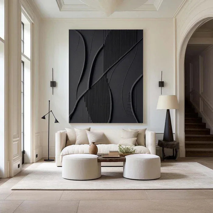 Black 3D Texture Painting-Vertical Geometric Flow Abstract Wall Art