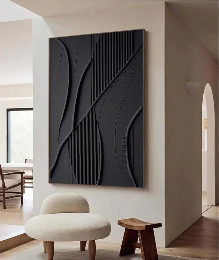 Black 3D Texture Painting-Vertical Geometric Flow Abstract Wall Art