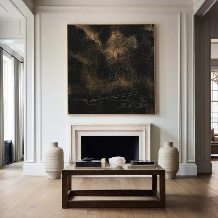 Black and Gold Textured Abstract Oil Painting - Modern Minimalist Wall Art#AB14082