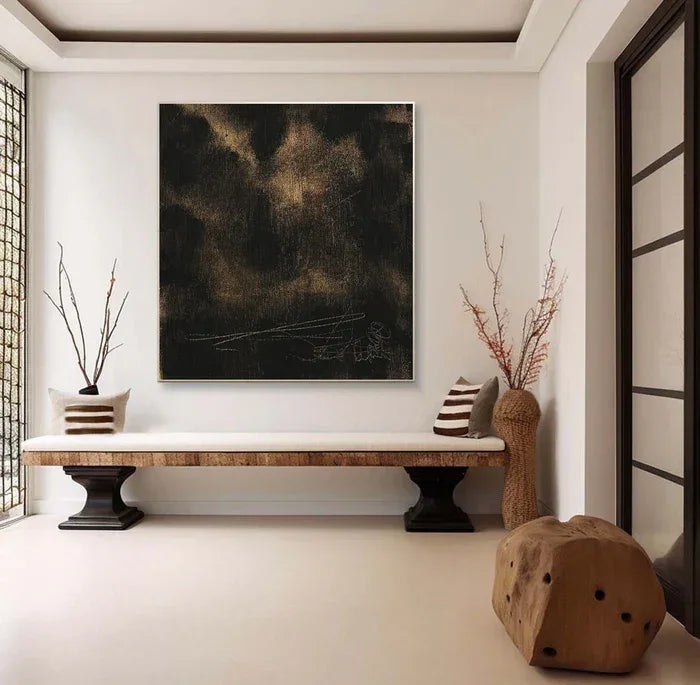 Black and Gold Textured Abstract Oil Painting - Modern Minimalist Wall Art#AB14082