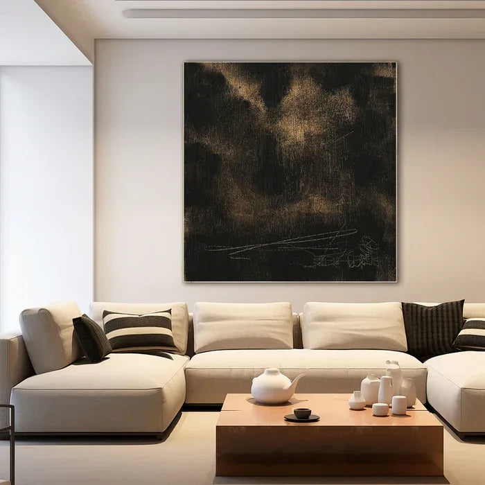 Black and Gold Textured Abstract Oil Painting - Modern Minimalist Wall Art#AB14082