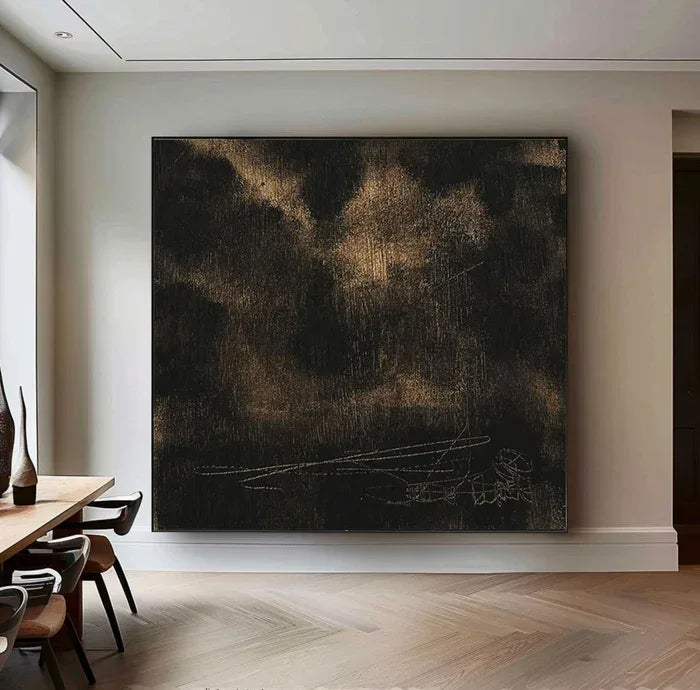 Black and Gold Textured Abstract Oil Painting - Modern Minimalist Wall Art#AB14082