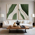 Earth’s Essence-Hand Drawn Thick Green and White Textured Oil Painting Wall Art Set of 2