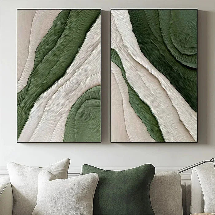 Earth’s Essence-Hand Drawn Thick Green and White Textured Oil Painting Wall Art Set of 2