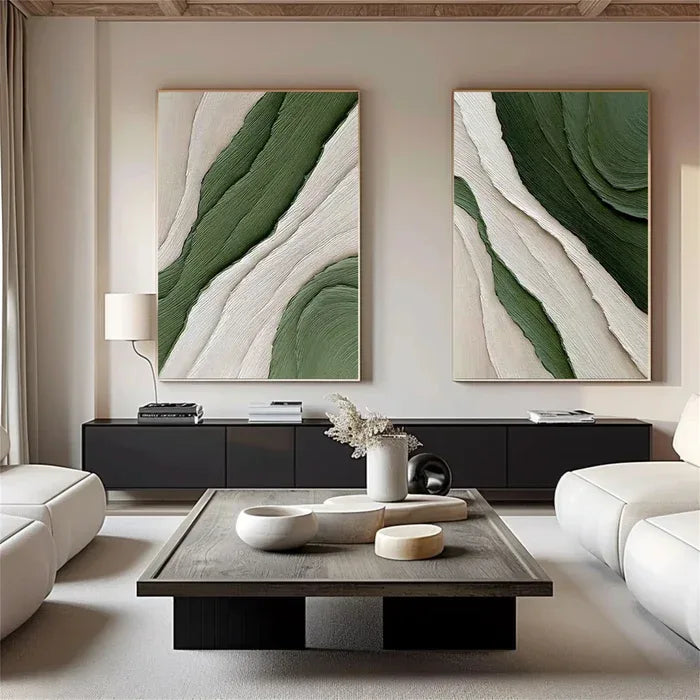 Earth’s Essence-Hand Drawn Thick Green and White Textured Oil Painting Wall Art Set of 2
