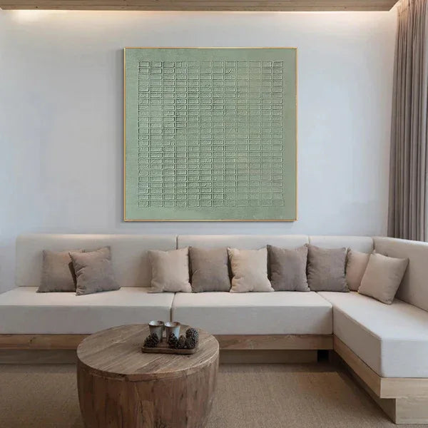 Serene Grid Rhythm-Green Geometric Texture Canvas Wall Art#WB11007