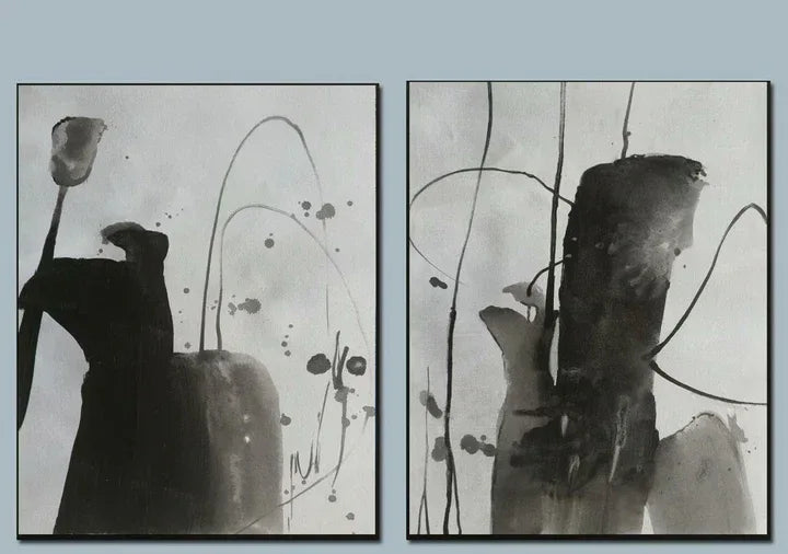 Ink Flow Diptych-Modern Hand-Painted Double ink Texture Wall Art