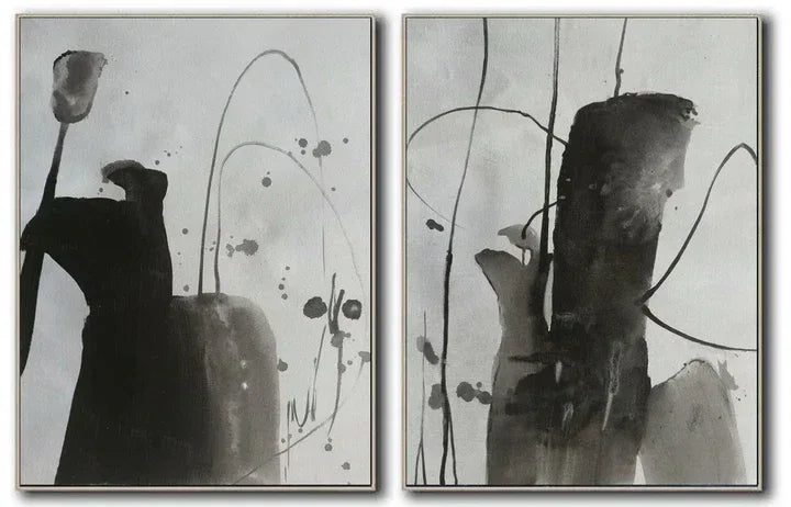 Ink Flow Diptych-Modern Hand-Painted Double ink Texture Wall Art