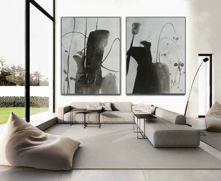 Ink Flow Diptych-Modern Hand-Painted Double ink Texture Wall Art