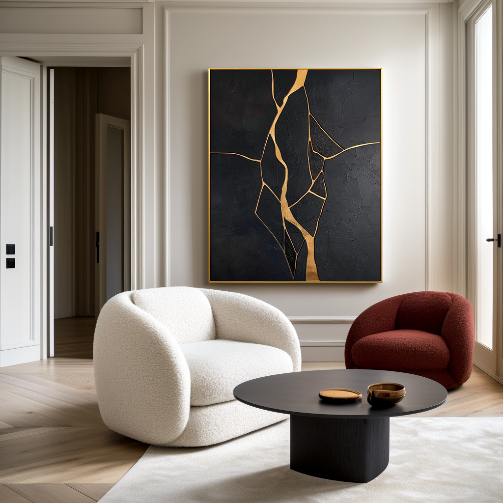 Gilded Fault - Modern Minimalist Black and Gold Cracked Abstract Wall Art#AB14167