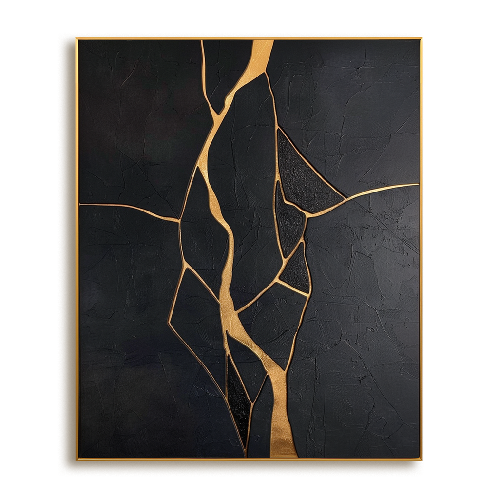 Gilded Fault - Modern Minimalist Black and Gold Cracked Abstract Wall Art#AB14167