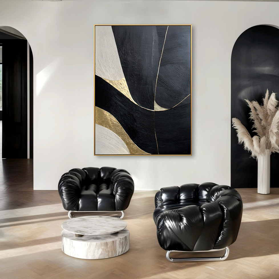 Golden Current - Modern Hand-Drawn Abstract Wall Art Featuring Black and Gold Geometric Curves#AB14168