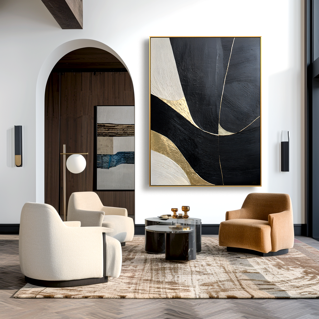 Golden Current - Modern Hand-Drawn Abstract Wall Art Featuring Black and Gold Geometric Curves#AB14168