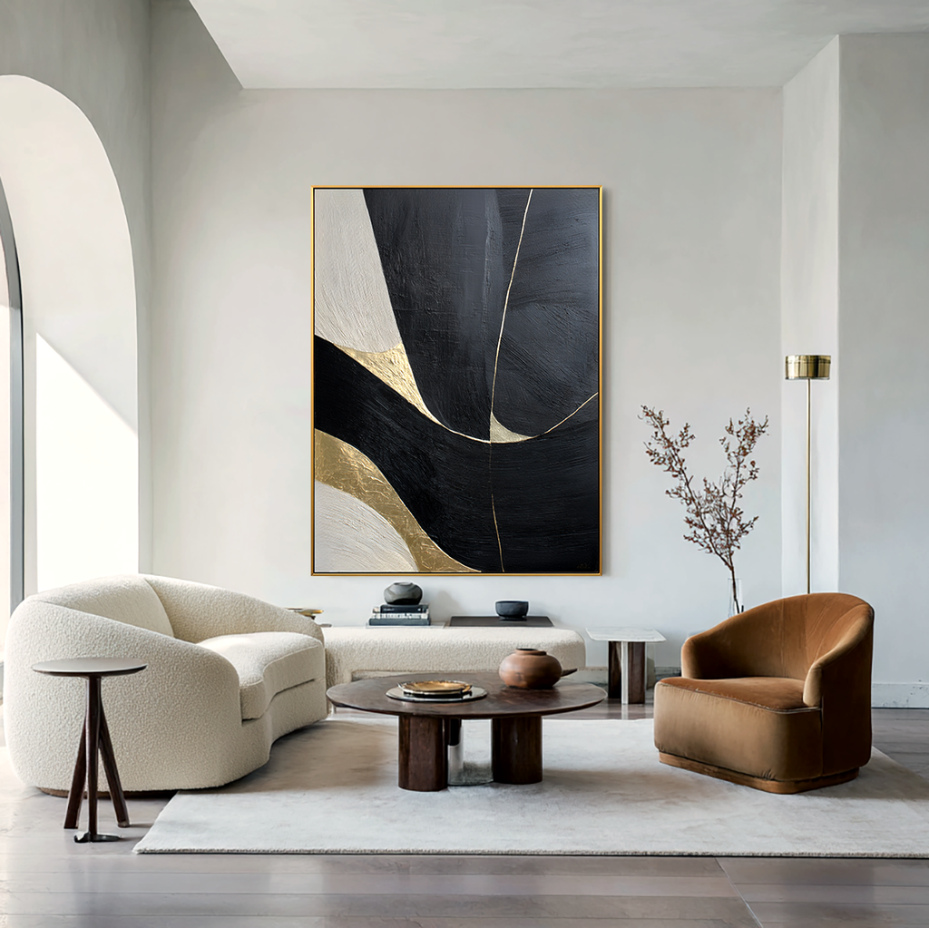 Golden Current - Modern Hand-Drawn Abstract Wall Art Featuring Black and Gold Geometric Curves#AB14168