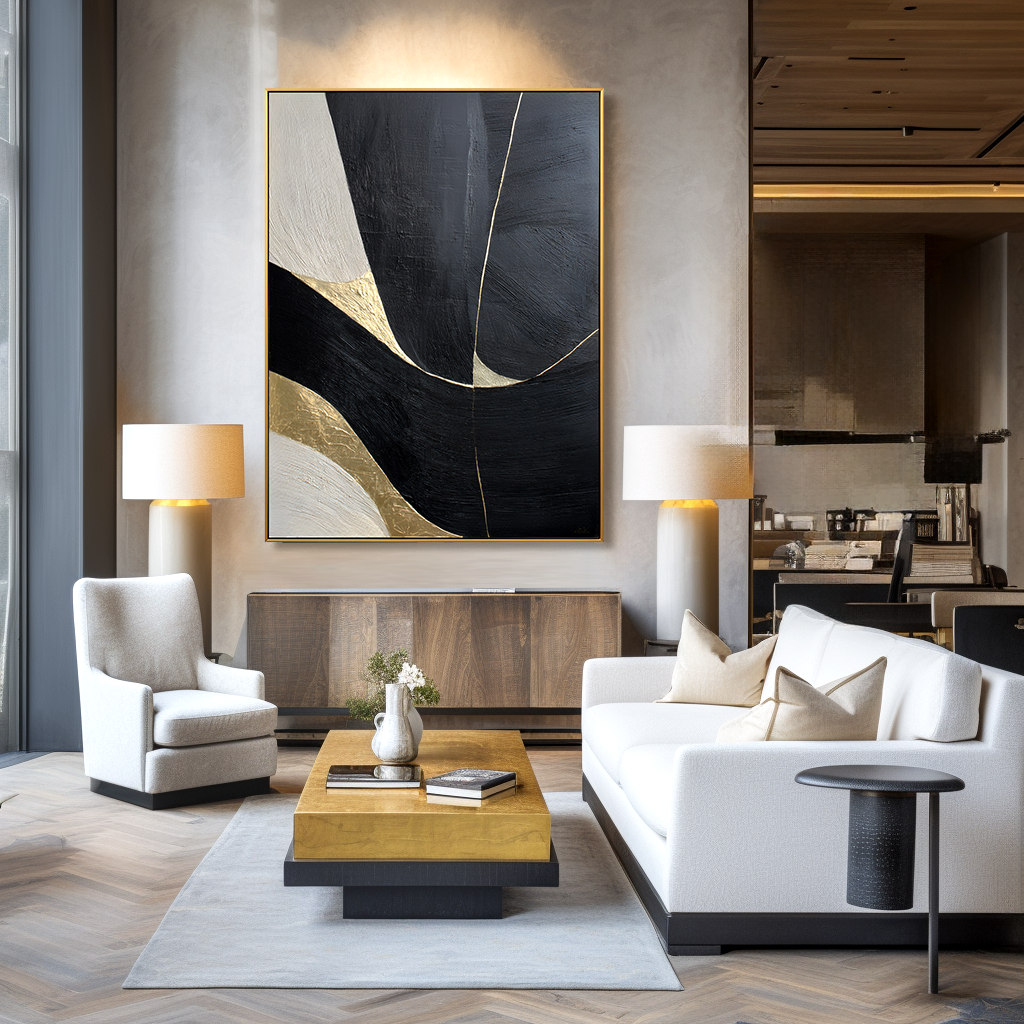 Golden Current - Modern Hand-Drawn Abstract Wall Art Featuring Black and Gold Geometric Curves#AB14168