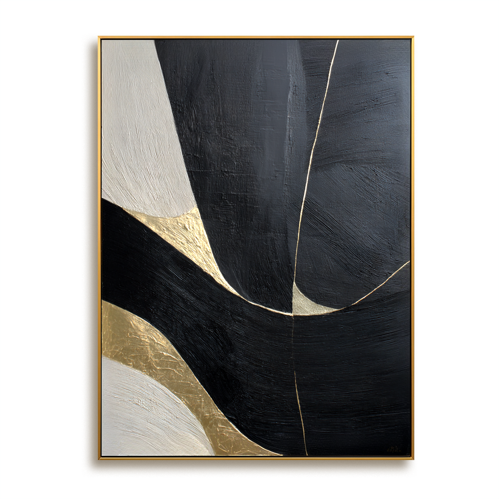 Golden Current - Modern Hand-Drawn Abstract Wall Art Featuring Black and Gold Geometric Curves#AB14168