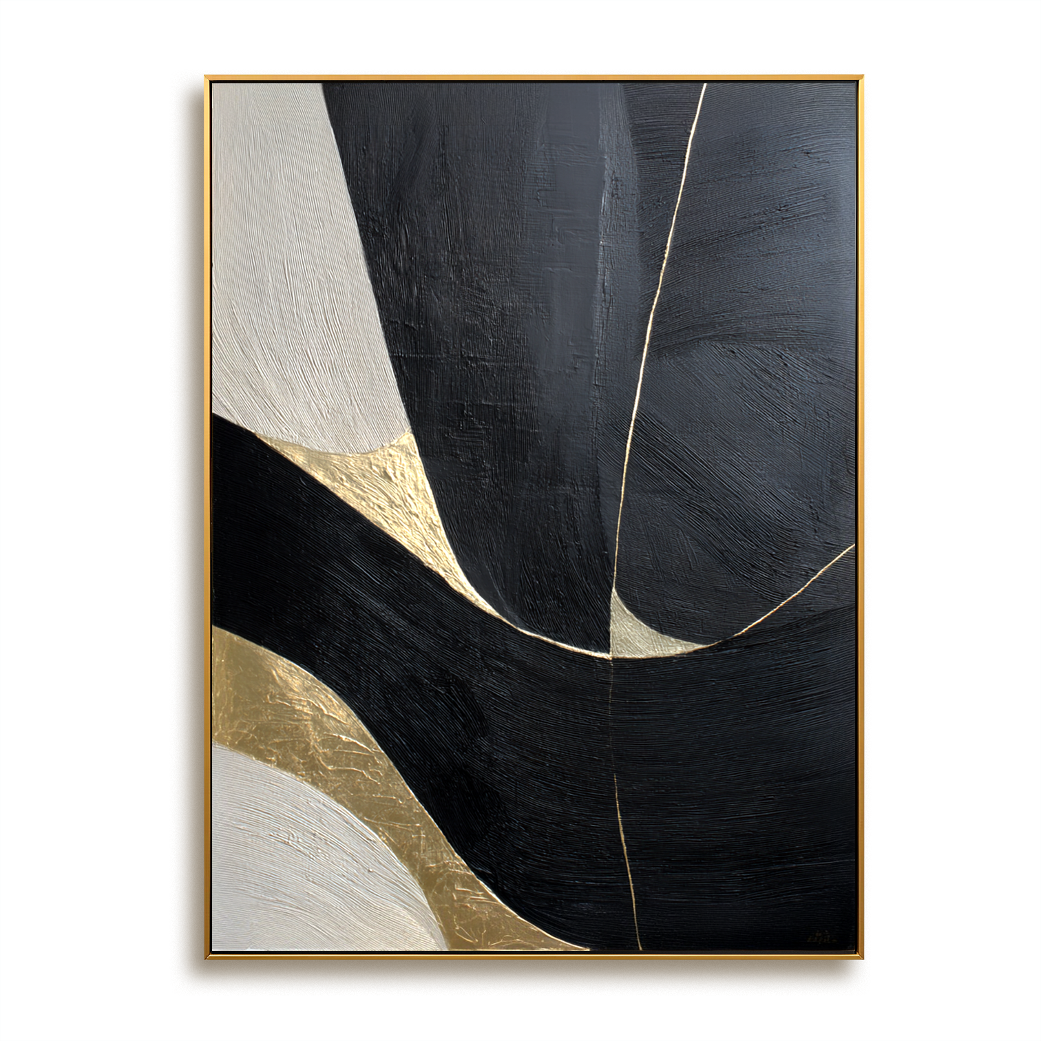 Golden Current - Modern Hand-Drawn Abstract Wall Art Featuring Black and Gold Geometric Curves#AB14168