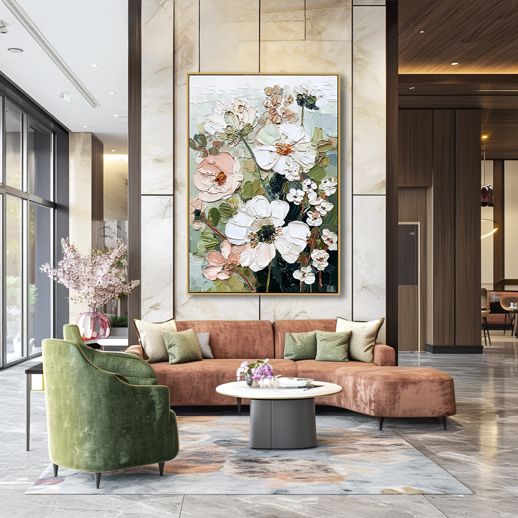 Gentle Meadow Hand-Painted Textured Floral Oil Painting – Soft Garden Wall Art#AB14233