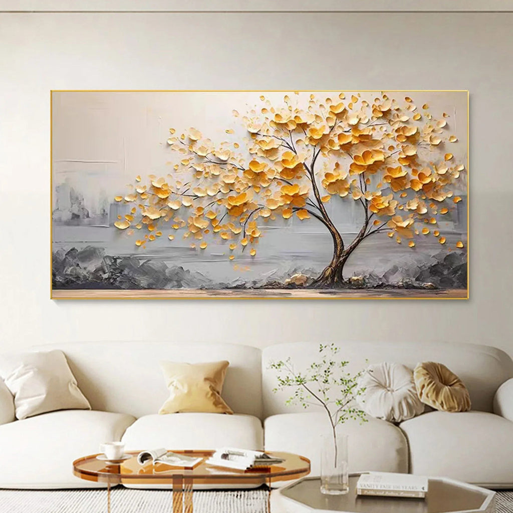 Golden Bloom Tree Painting-Gold Leaf Tree Horizontal Wall Art#FL10002