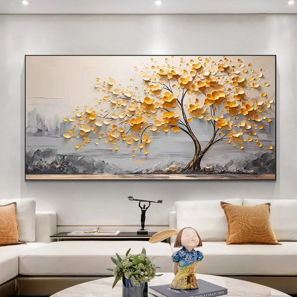 Golden Bloom Tree Painting-Gold Leaf Tree Horizontal Wall Art#FL10002