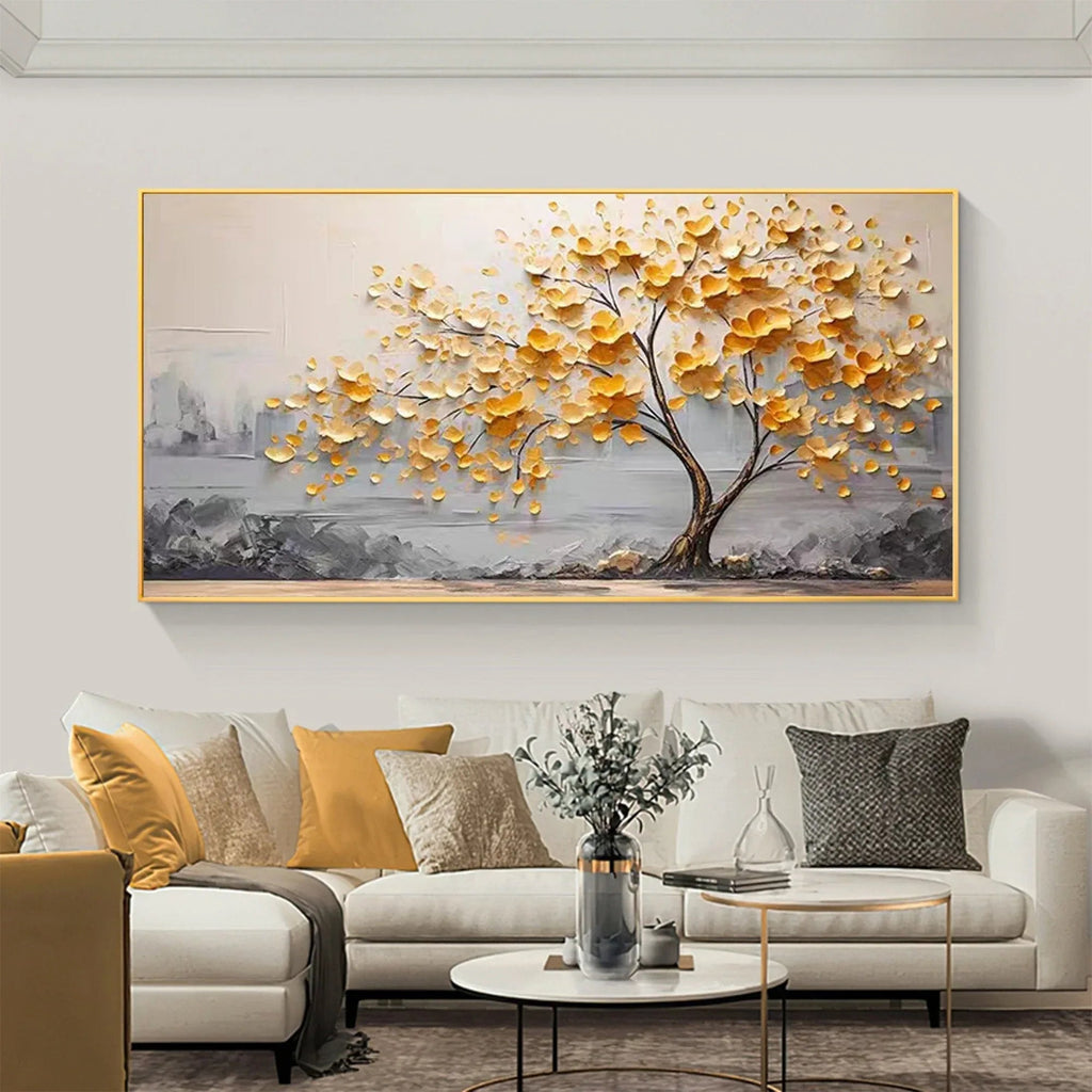 Golden Bloom Tree Painting-Gold Leaf Tree Horizontal Wall Art#FL10002