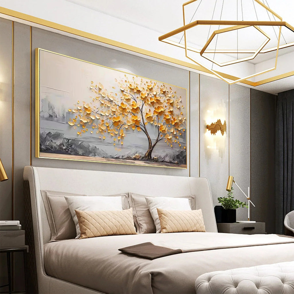 Golden Bloom Tree Painting-Gold Leaf Tree Horizontal Wall Art#FL10002