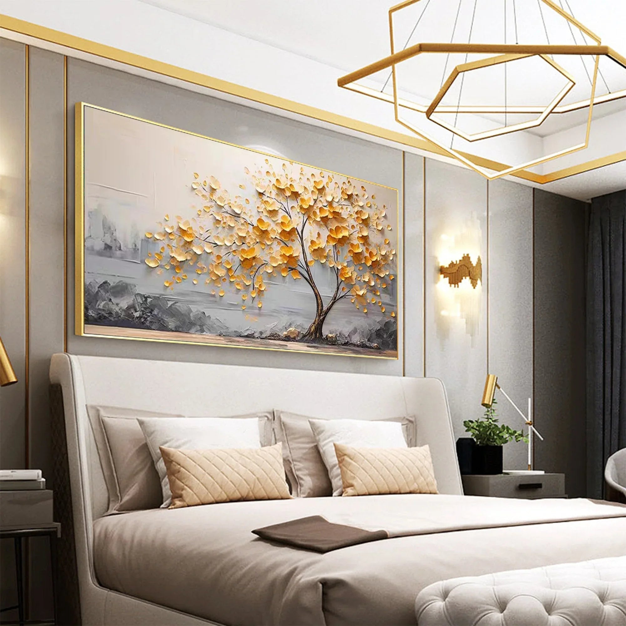 Golden Bloom Tree Painting-Gold Leaf Tree Horizontal Wall Art#FL10002