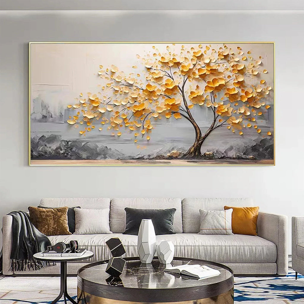 Golden Bloom Tree Painting-Gold Leaf Tree Horizontal Wall Art#FL10002