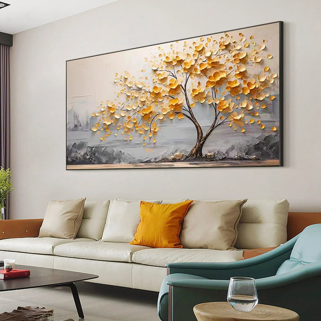 Golden Bloom Tree Painting-Gold Leaf Tree Horizontal Wall Art#FL10002