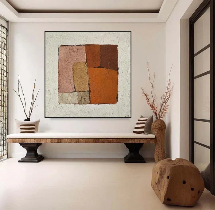 Earthen Harmony – Rustic Abstract Geometric Textured Oil Painting Wall Art#AB14077