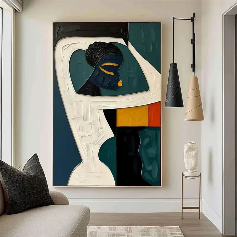Ebon Harmony-Hand Drawn Thick Painted Abstract three-Dimensional Character Wall Art