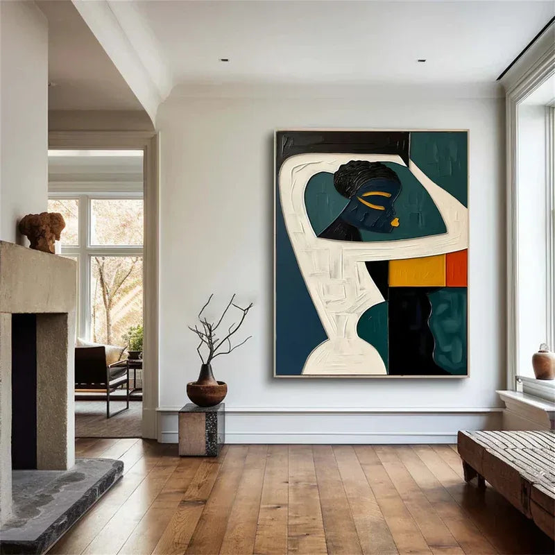 Ebon Harmony-Hand Drawn Thick Painted Abstract three-Dimensional Character Wall Art