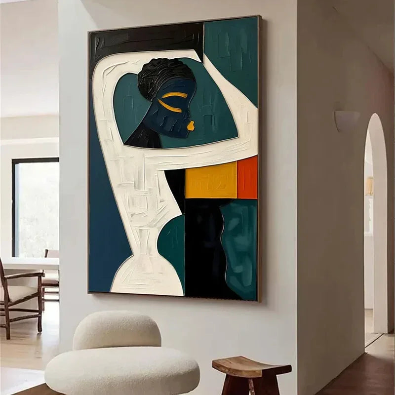 Ebon Harmony-Hand Drawn Thick Painted Abstract three-Dimensional Character Wall Art