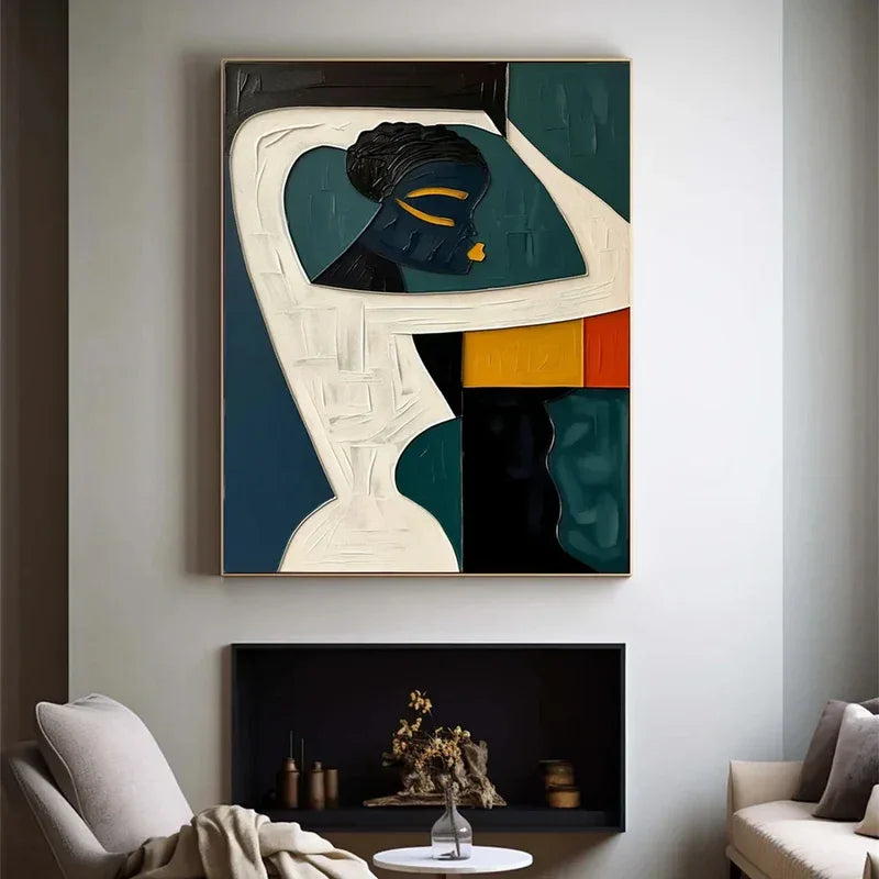 Ebon Harmony-Hand Drawn Thick Painted Abstract three-Dimensional Character Wall Art