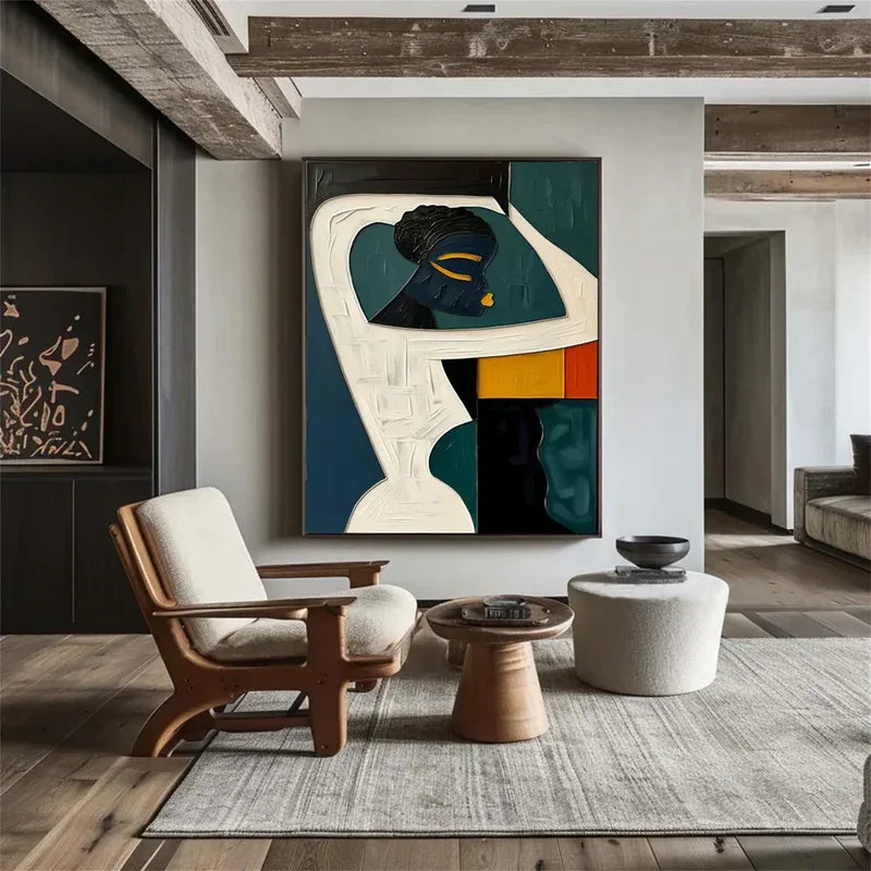 Ebon Harmony-Hand Drawn Thick Painted Abstract three-Dimensional Character Wall Art