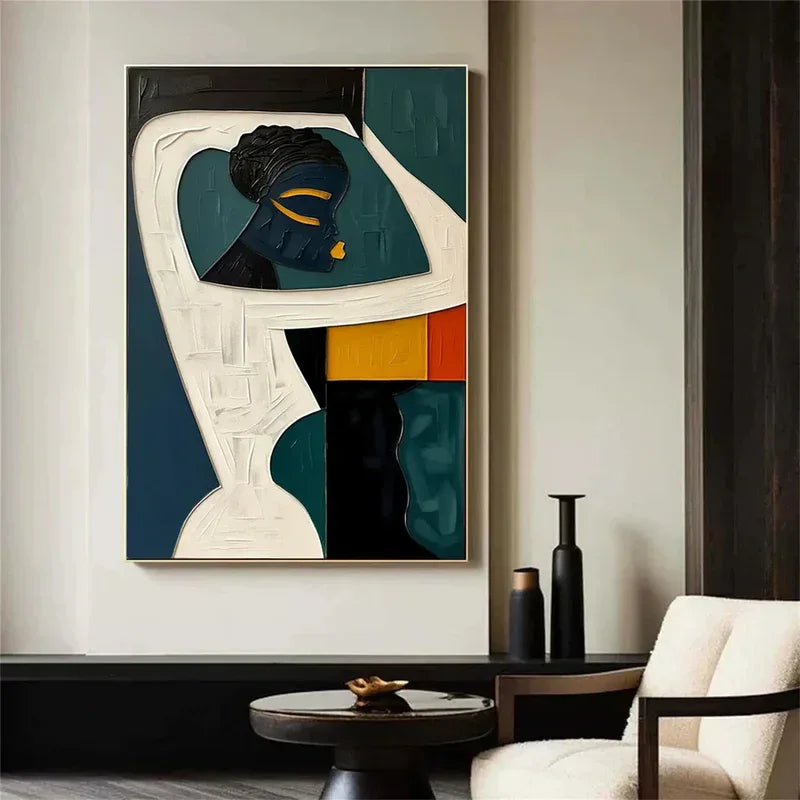 Ebon Harmony-Hand Drawn Thick Painted Abstract three-Dimensional Character Wall Art