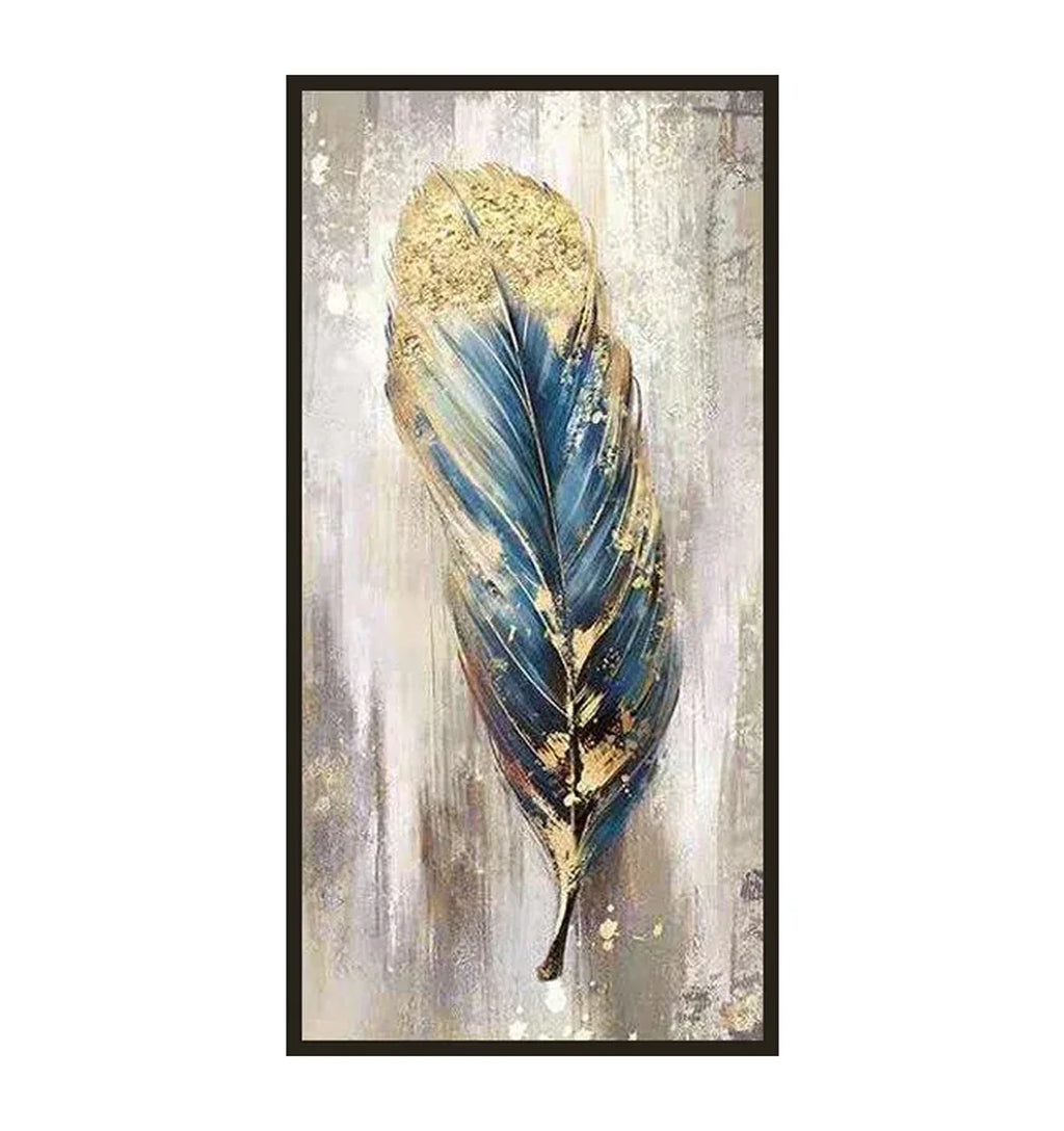 Feather's Grace-Modern Abstract Blue and Gold Feather Texture Oil Painting Wall Art #AB0302001
