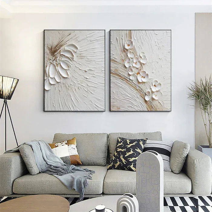 Blossom Harmony Duo Set of 2 - Minimalist Style Gold White Texture Floral Three-Dimensional Wall Art
