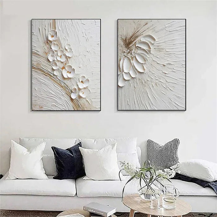 Blossom Harmony Duo Set of 2 - Minimalist Style Gold White Texture Floral Three-Dimensional Wall Art