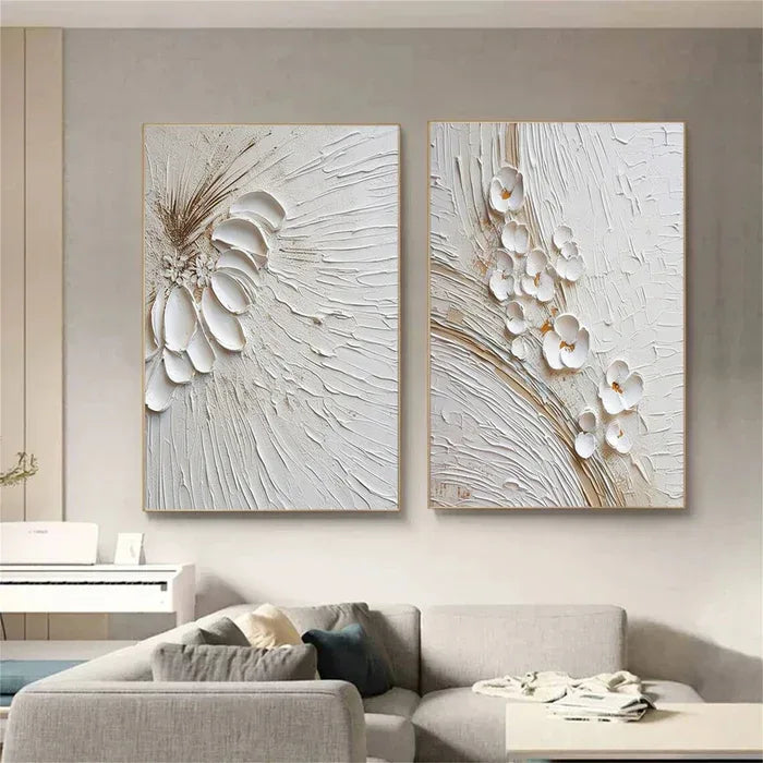 Blossom Harmony Duo Set of 2 - Minimalist Style Gold White Texture Floral Three-Dimensional Wall Art