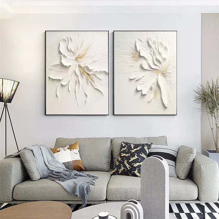 Ethereal Petal Duo Set of 2-Hand Drawn Three-Dimensional Texture Flower Wall Art#FL10036