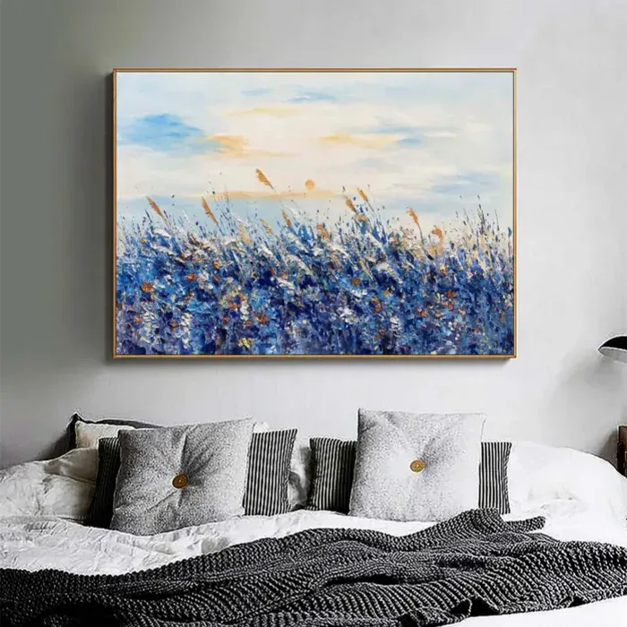 Blue Bloom Textures-Blue Fields Abstract Landscape Canvas Wall Art#FL10100