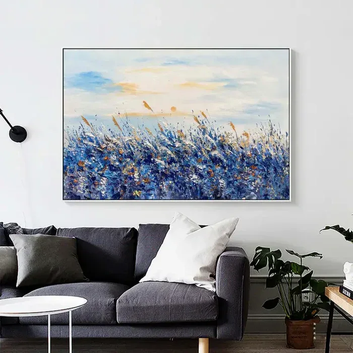 Blue Bloom Textures-Blue Fields Abstract Landscape Canvas Wall Art#FL10100