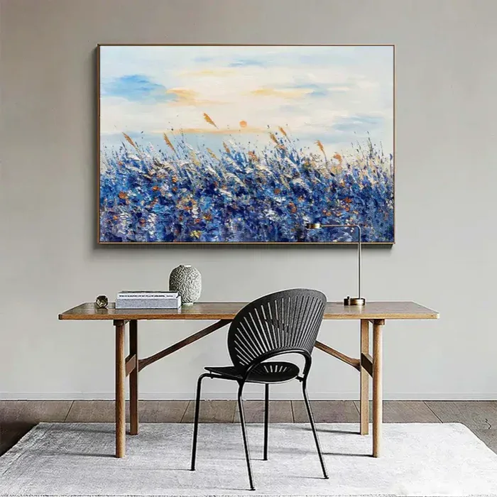 Blue Bloom Textures-Blue Fields Abstract Landscape Canvas Wall Art#FL10100