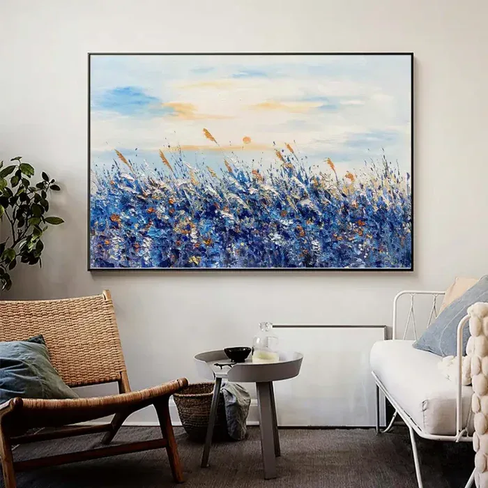 Blue Bloom Textures-Blue Fields Abstract Landscape Canvas Wall Art#FL10100