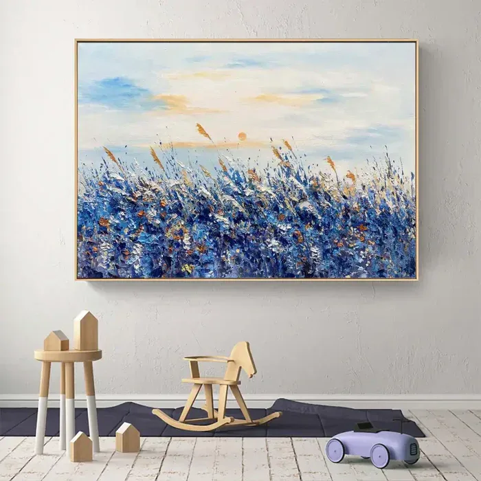 Blue Bloom Textures-Blue Fields Abstract Landscape Canvas Wall Art#FL10100