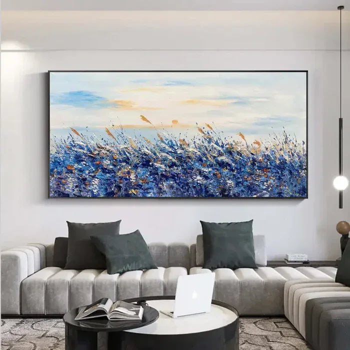 Blue Bloom Textures-Blue Fields Abstract Landscape Canvas Wall Art#FL10100
