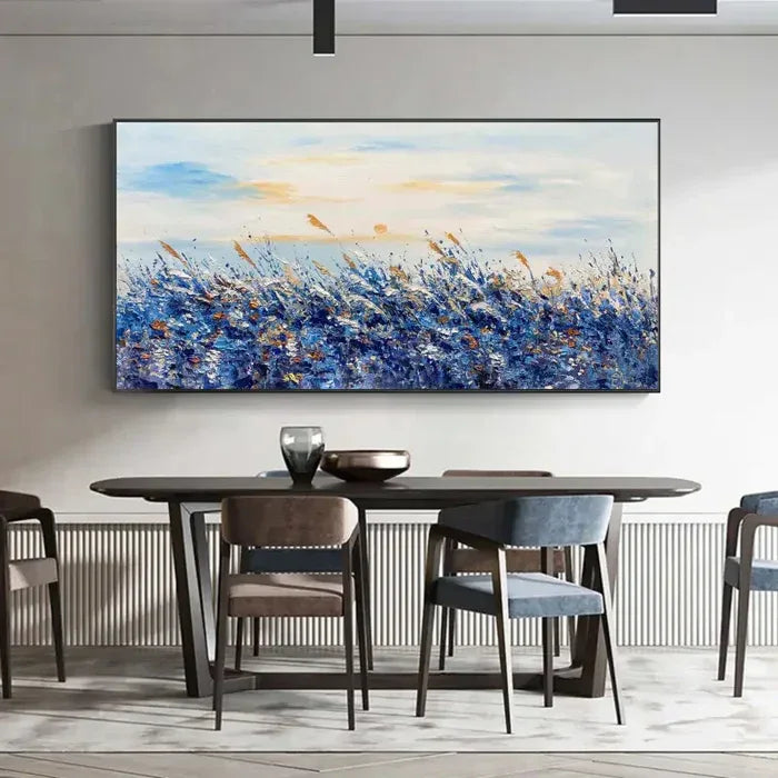 Blue Bloom Textures-Blue Fields Abstract Landscape Canvas Wall Art#FL10100