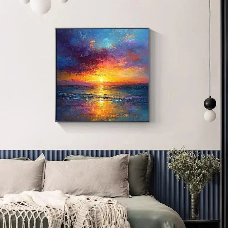 Golden Hour – Vibrant Sunset Seascape Textured Oil Painting#AB14004